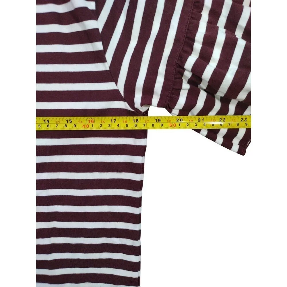 J.Crew Striped Ruffle Sleeve Relaxed Fit Top Women XS Burgundy White Cotton.